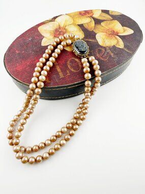 VTG MCM Double Strand Iridescent Pink Pearl Necklace - Black Glass Cameo Clasp